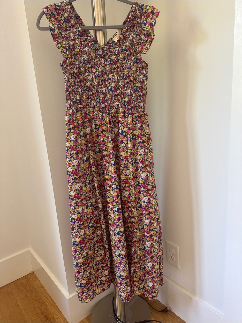 Melloday Floral Smocked Maxi Dress in Pink, Yellow & Blue